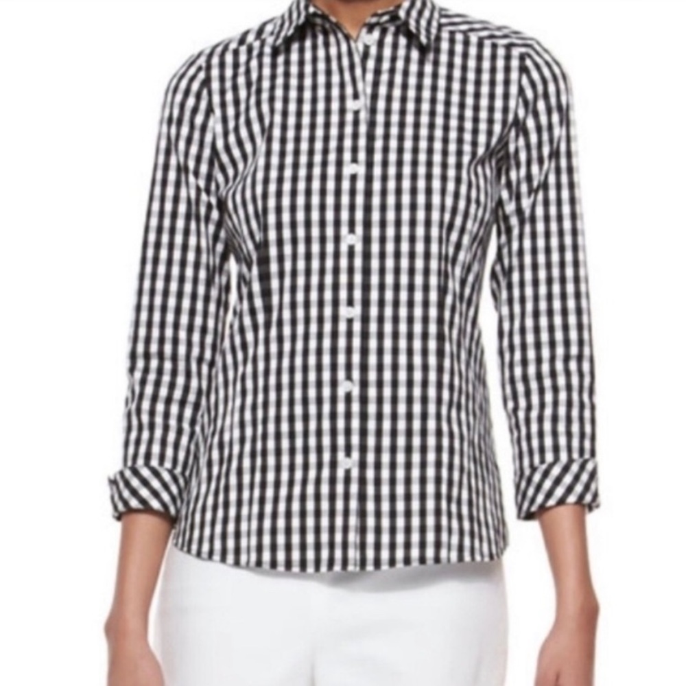 Lafayette 148 New York Black & White Gingham Button-Down Shirt